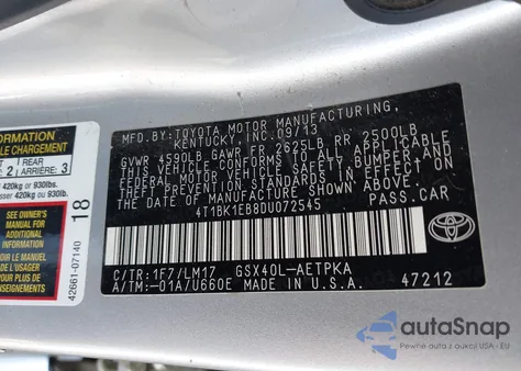 2013 Toyota Avalon Limited z USA, uszkodzony, nr VIN 4T1BK1EB8DU072545